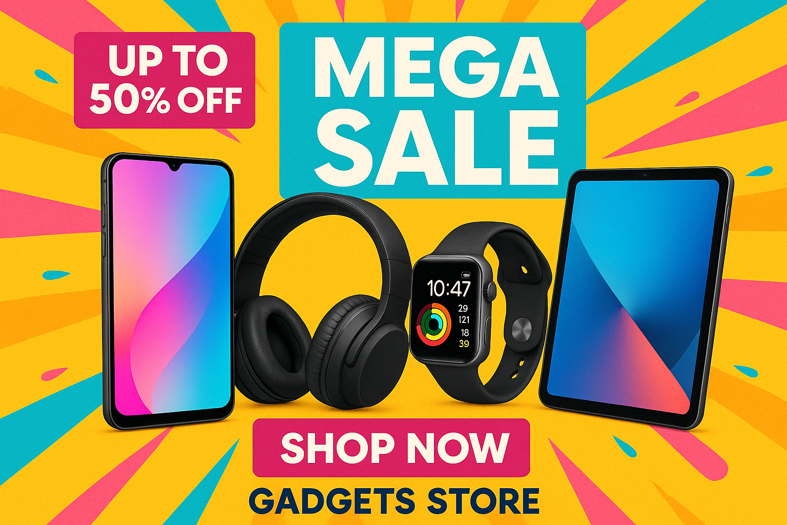 picture with showing gafgets shop now  and discount